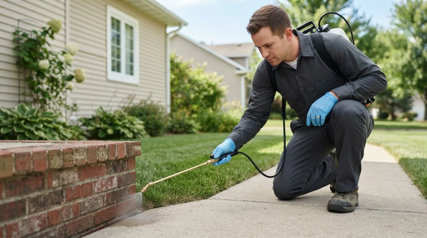 Pest control technician treating a home near Chappell, NE