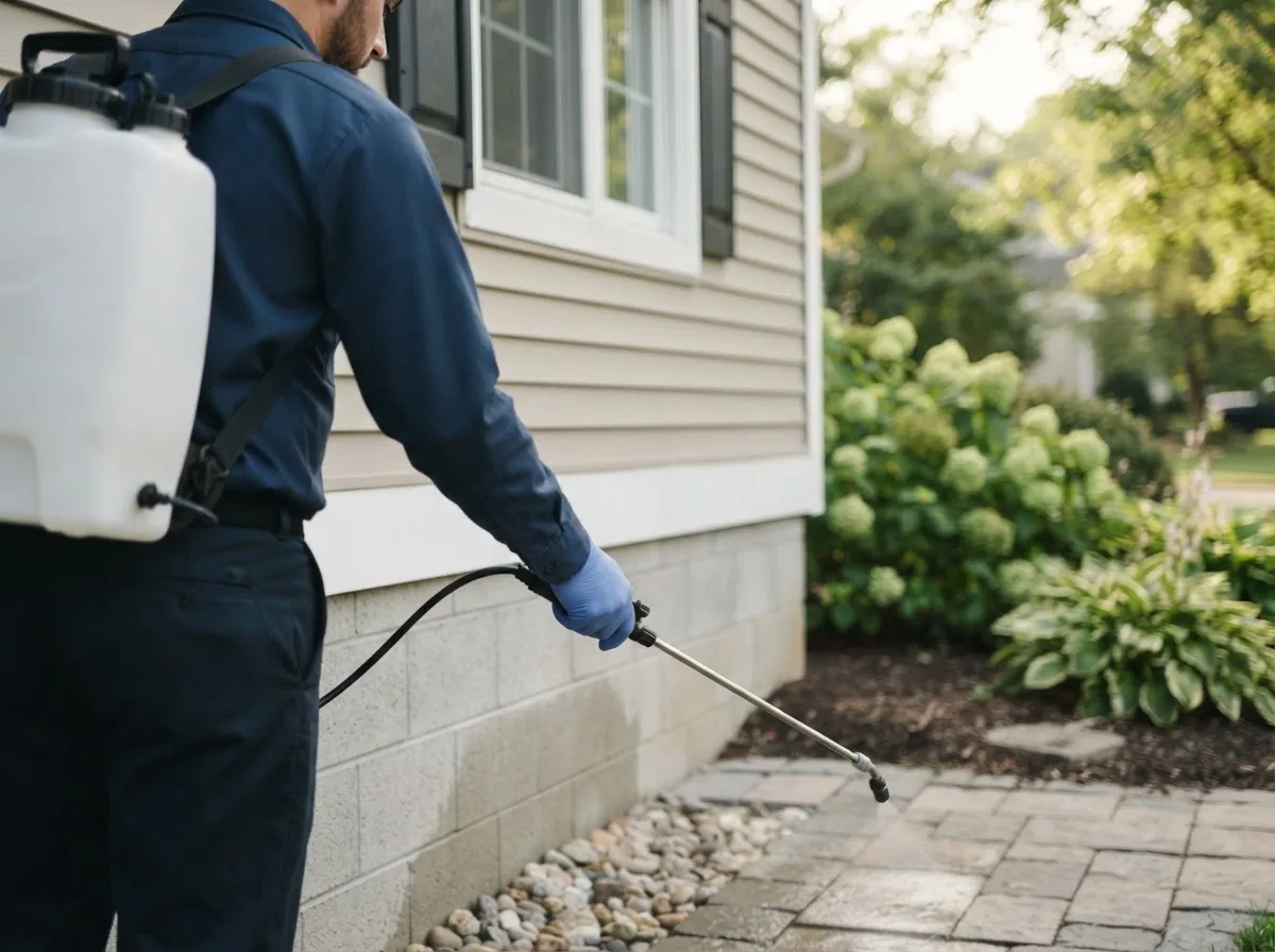 Pest control technician inspecting a home in Chappell, NE